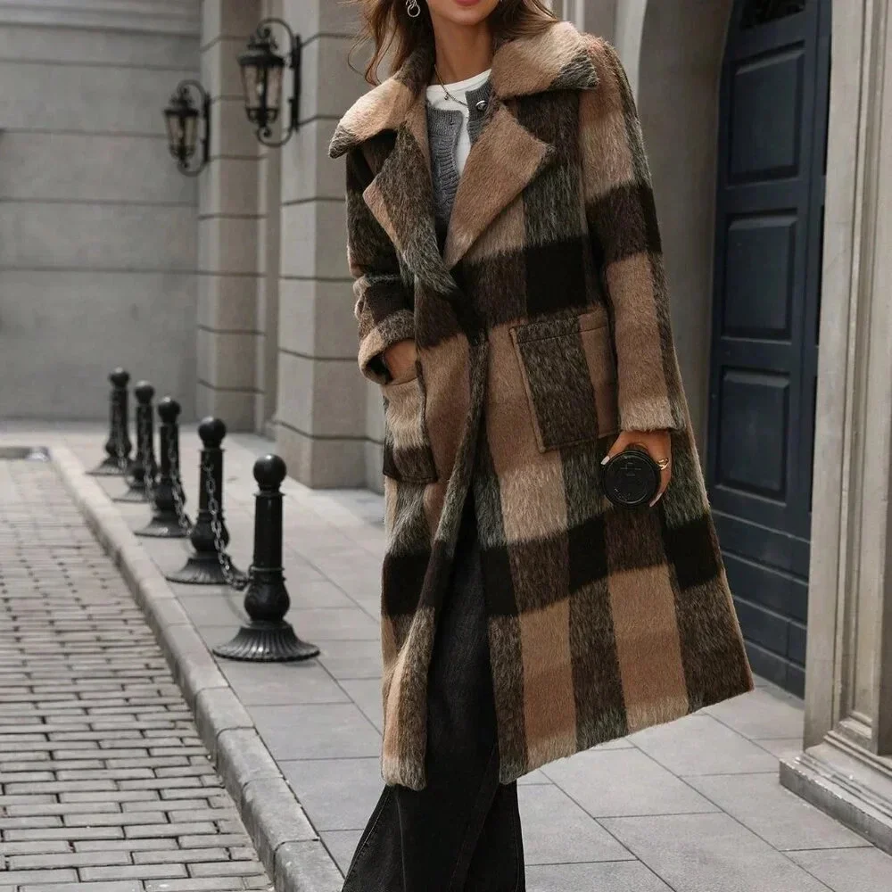 Multicolor Casual Women's Plaid Lapel Wool Blend Long Sleeve Cardigan Coat